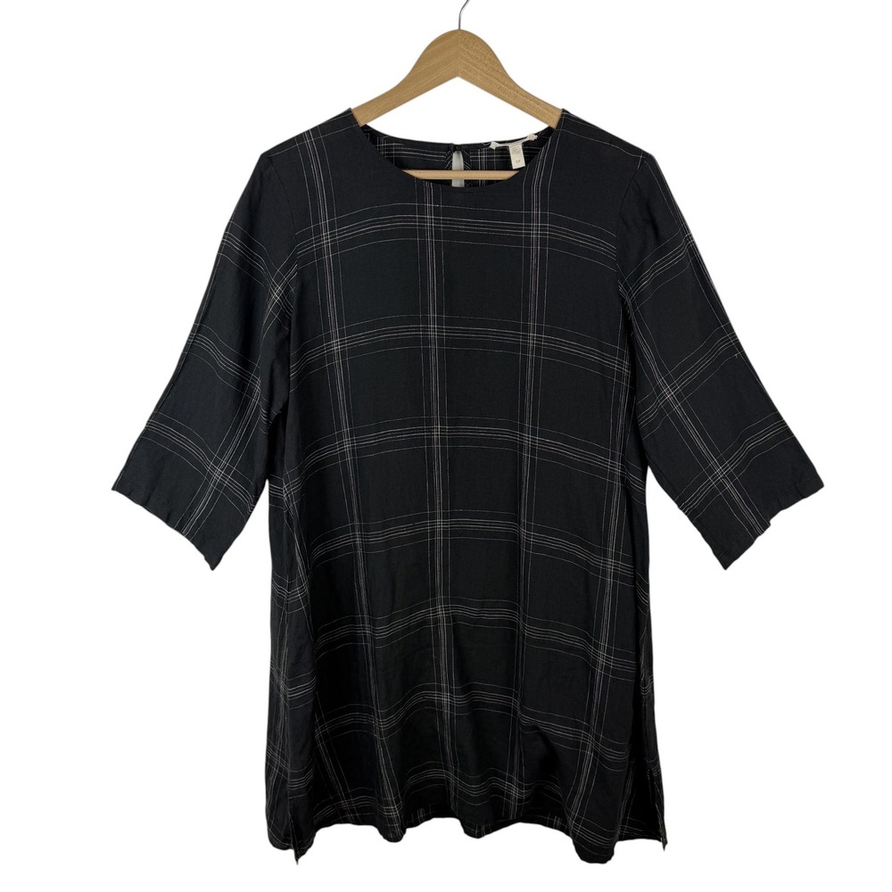 Eileen Fisher Organic Linen Windowpane Plaid‎ Tunic Top Small Black Minimalist